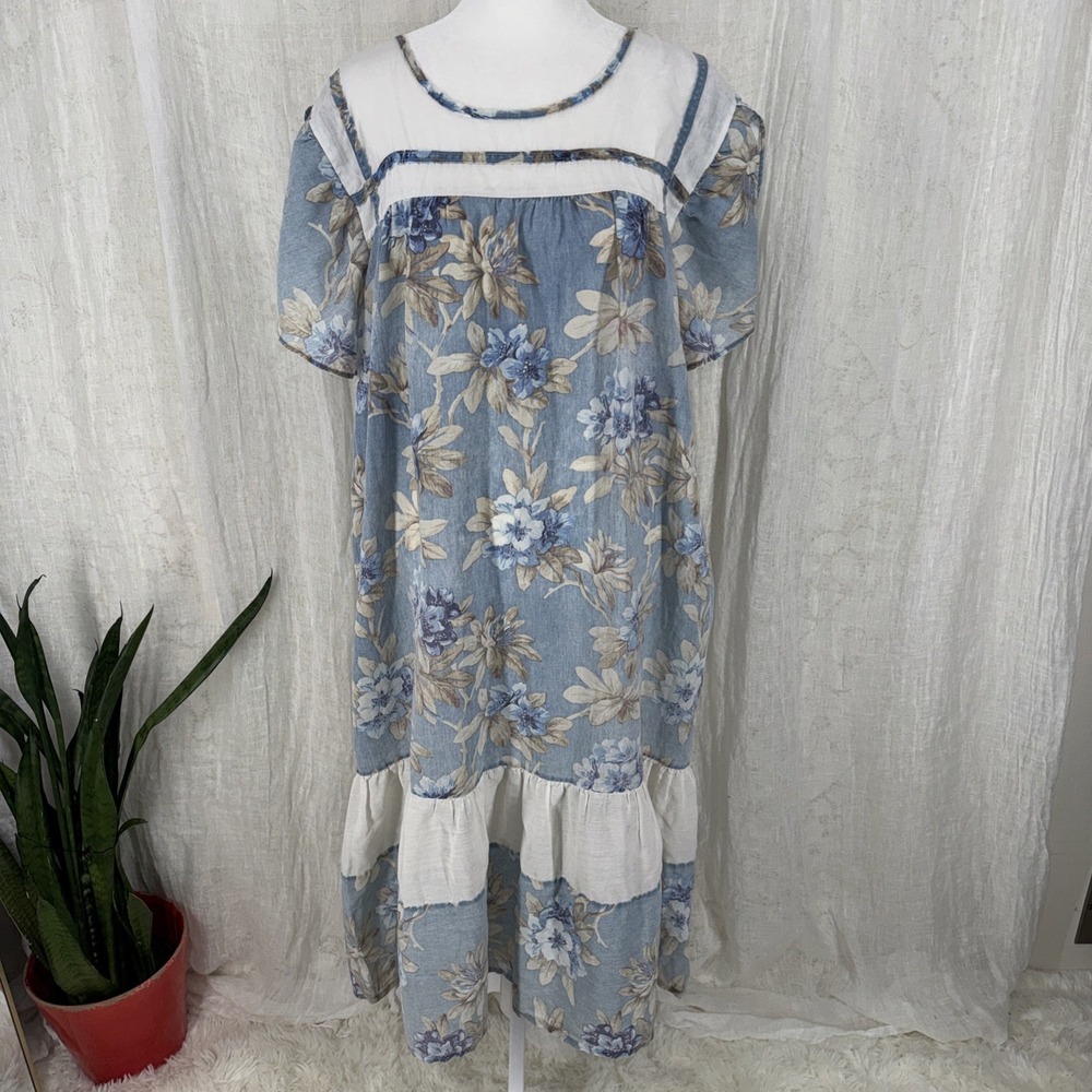Vintage Tiered Cotton Floral Nightgown Midi Dress L Cottagecore Boho Prairie 90s